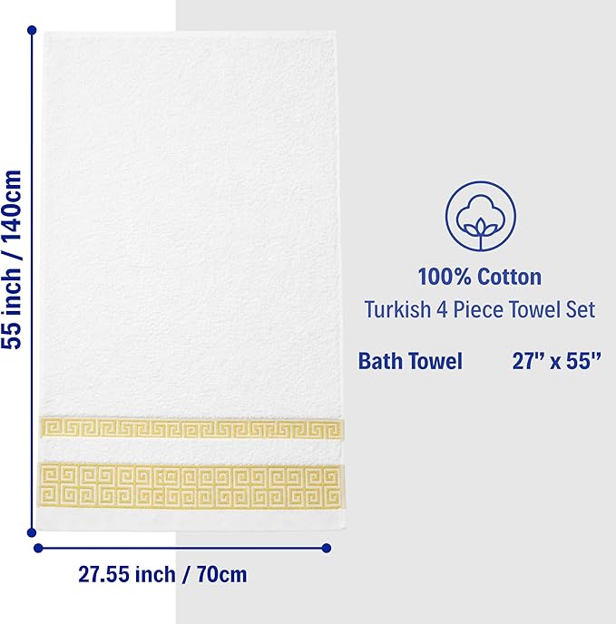 Luxury 4 Piece Bath Towel Set with Greek Key Design - 100% Cotton Soft & Absorbent Bathroom 27x54 in Extra Large Towels - Quick Dry, Plush & Durable - White Towels Set for Home, Spa & Hotel Use AA2