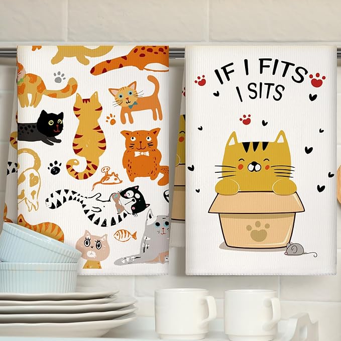 TecUnite 6 Pcs Cat Kitchen Towels Set Funny Cat Tea Towels Cute Dish Towel Decorative Hand Towel Cats Lover Gifts for Cleaning Drying Wiping Tasks Cats Owners Women Mom Housewarming Gifts Decor