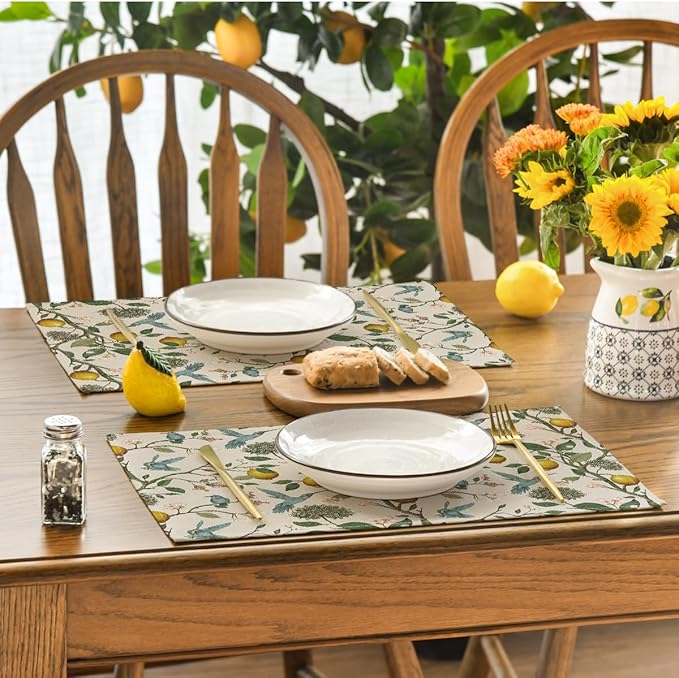 Artoid Mode Brown Lemon Tree Bird Flower Summer Placemats Set of 4,12x18 Inch Seasonal Spring Table Mats for Party Kitchen Dining Decoration