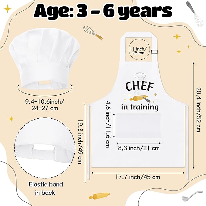 GROBRO7 4Pcs Kids Apron and Chef Hat Set Gift for Boys Girls, Chef in Training Future Master Chef Pattern Adjustable Kitchen Apron with 2 Pockets Waterproof Smocks for Baking Cooking Painting Training
