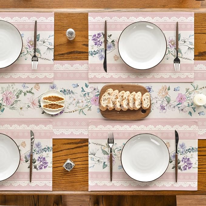 Artoid Mode Pink Printed Lace Floral Spring Placemats Set of 4, 12x18 Inch Seasonal Summer Holiday Table Mats for Party Kitchen Dining Decoration