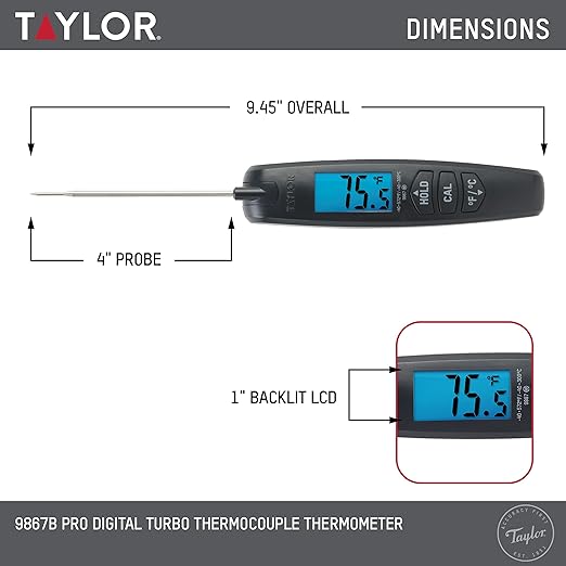 Taylor Digital Turbo Instant Read Thermocouple Meat Food Grill BBQ Cooking Kitchen Thermometer, Folding Probe, Black (Pack of 12)