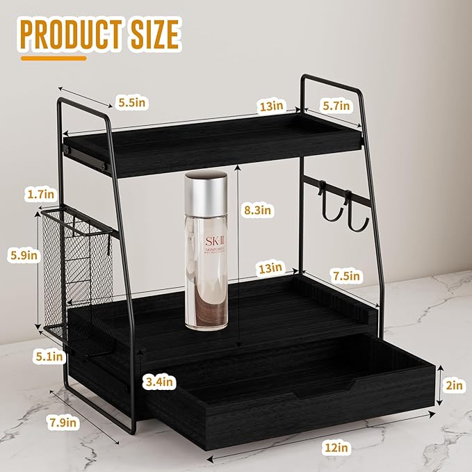 2-Tier Bathroom Counter Organizer with Drawer & Removable Basket, Wood & Metal Vanity Organizer for Skincare, Makeup, Perfume, Toiletries, Small Bathroom Counter Shelf, 13'' Black