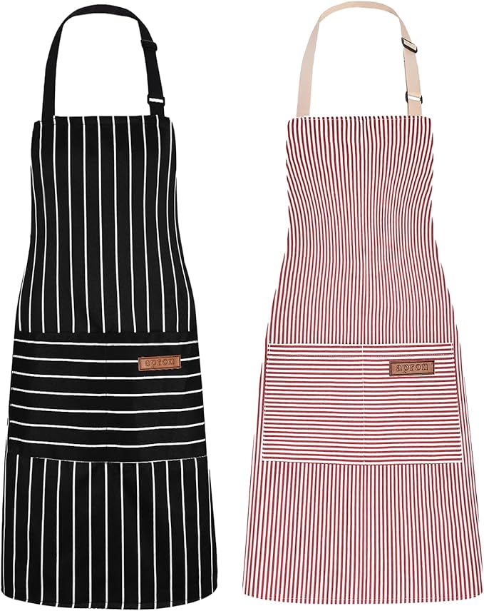 2Pack Adjustable Kitchen Apron for Women Men with 2 Pockets，Cotton-Polyester Blend Bib Aprons for Cooking,Baking
