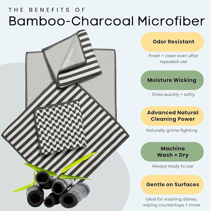 Severn Dish Cloths for Washing Dishes 4pk. Odor-Resistant Dish Rags with Non-Scratch Wire Scrubber Side for Kitchen Cleaning. Grime-Fighting Bamboo-Charcoal Microfiber 2-Sided Dishrags. Machine Wash