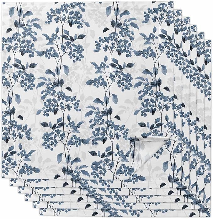 Blue Floral Plant Cloth Napkins Set of 6 - Washable Dinner Napkins Reusable Table Napkins for Home Party Weeding Dining Table Setting Decor,Oversized Grey Modern Minimalist White Floral Spring Summer