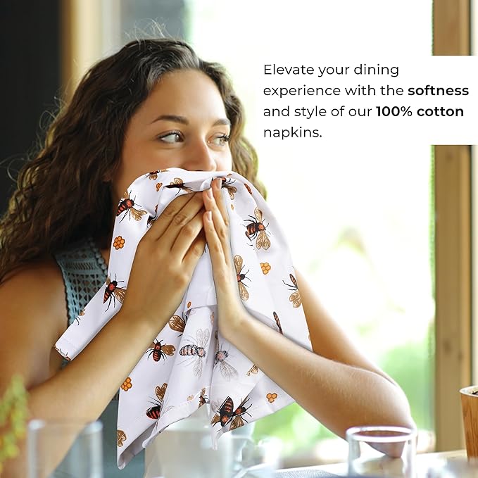 Urban Villa Cloth Napkins Honey Bee Print 100% Cotton Absorbent Dinner Napkins (Set of 6) Oversized 20x20 Inches Soft Durable Reusable Washable Ideal for Everyday Use Wedding Parties Premium Quality