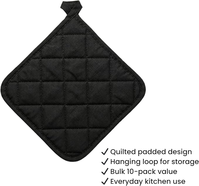 Lobyn Value Packs Economical Lightweight Bulk Potholders Ten (10) Pack Everyday Quality 6.5" Square Perfect for Craft Projects Black