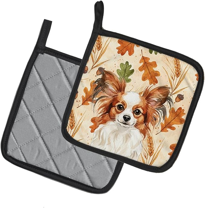 Caroline's Treasures White with Red Papillon Heirloom Fall Pair of Pot Holders Pair 7.5x7.5 Quilted Insulated Hot Pads Decorative Kitchen Gift Made in USA