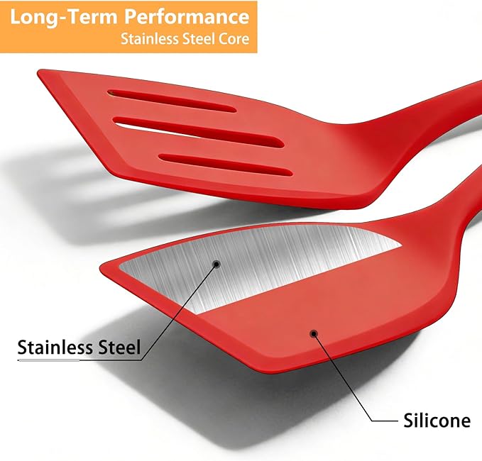 Pancake Silicone Spatula Set, Flexible Turner Spatulas for Flipping, BPA Free, Non Stick and Non Scratch Great for Egg, Fish, Burgers, Dishwasher Safe (4 Pack, Red)