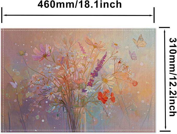 HOMETITUTE Placemats Set of 4 12x18 inch Spring Table Mats for Dining Table Floral Bouquet Linen Placemats Farmhouse Decorations Kitchen Decor Desk Mat for Outdoor Home Party Kitchen Seasonal Dining