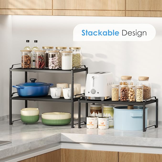 2 Pack 11” Width Expandable Kitchen Cabinet Organizer Shelves, Metal Kitchen Countertop Organizers and Storage Shelving, Heavy Duty Stackable Storage Rack Shelf For Pantry Cupboard Counter Tabletop
