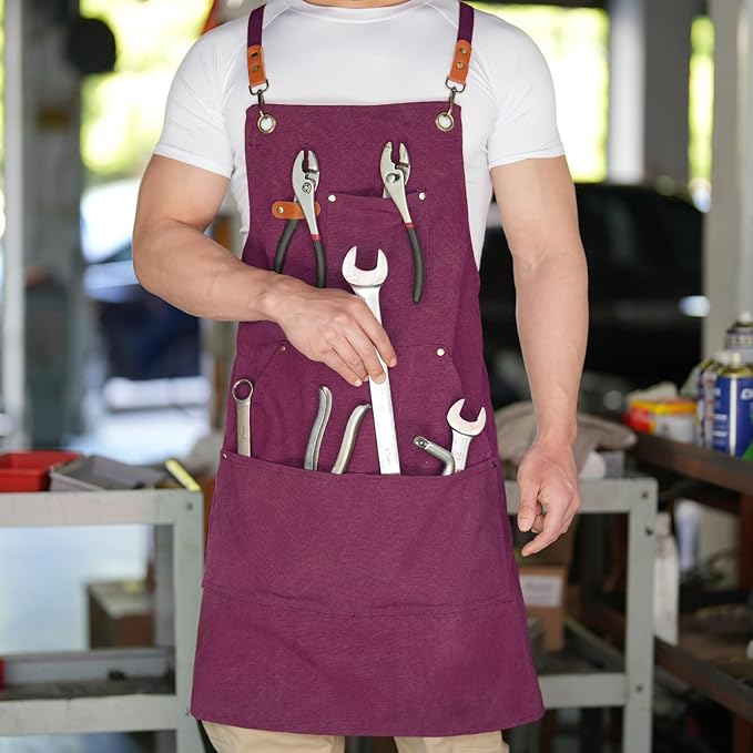Aoomzoon Canvas Aprons for Men Chef Apron, Work Apron with Large Pockets - 16oz Heavy Duty Cross Back, BBQ, Cooking