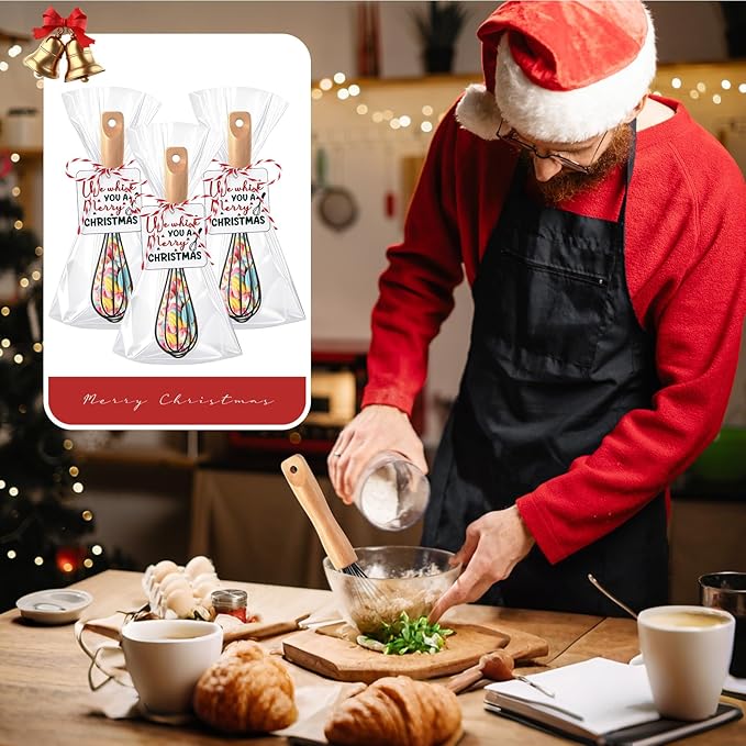 Baderke 20 Sets Baking Gifts Set Includes 8 Inch Silicone Whisk with Wood Handle Wired Stainless Steel Whisk Set Greeting Cards Plastic Bags for Party Birthday Christmas Stuffers Gift(Black)