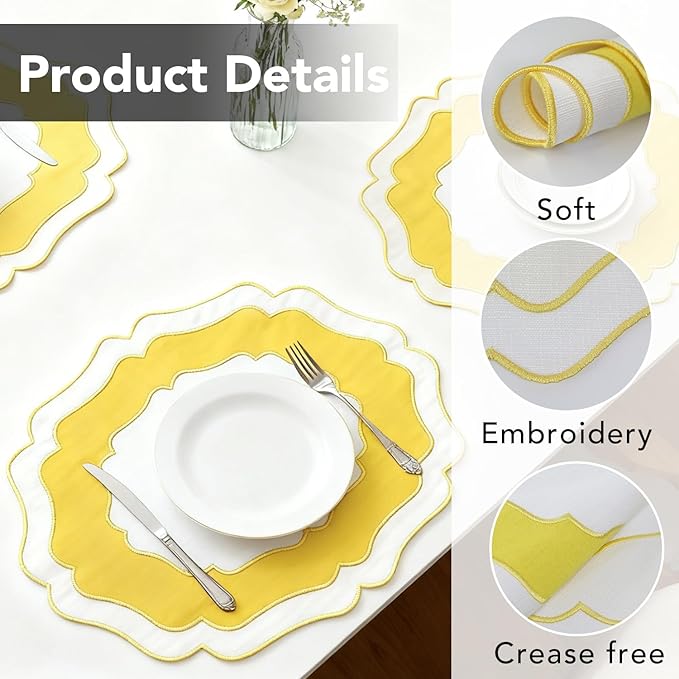 Embroidery Cotton Linen Placemats Set of 4, HADEEONG Table Mats Cloth Placemats, Washable Wrinkle Resistance, Double Layer Scalloped Fabric Placemats, 17.7 x 13.4inch (White with Yellow, 4)