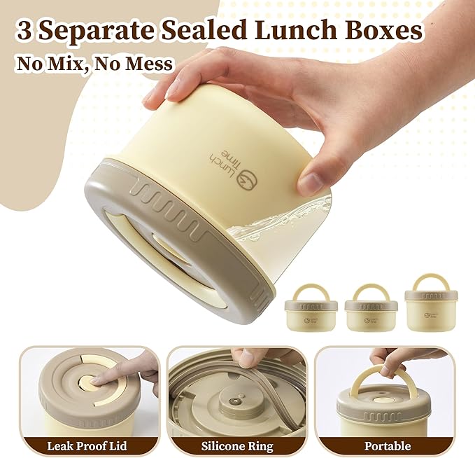 Portable Bento Box Adult Lunch Box Set, 3 Pcs Glass Lunch Container for Adults, 15 Oz+15 Oz+22 Oz Adult Lunchable Containers with Insulated Bag, Leak-Proof, Microwave Safe (Yellow (Glass Liner))