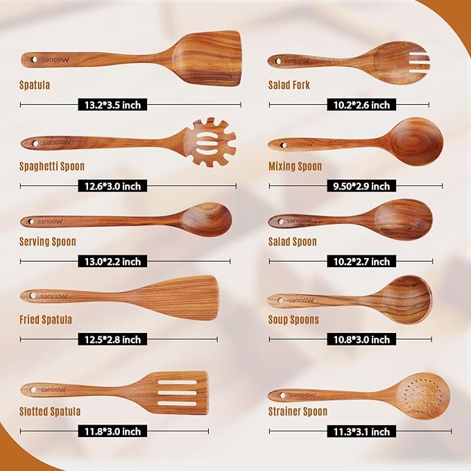 Mooues Wooden Spoons for Cooking, Wooden Utensils for Cooking Natural Teak Wooden Kitchen Utensils Set Comfort Grip(10 PCS SET GIFT BOX)