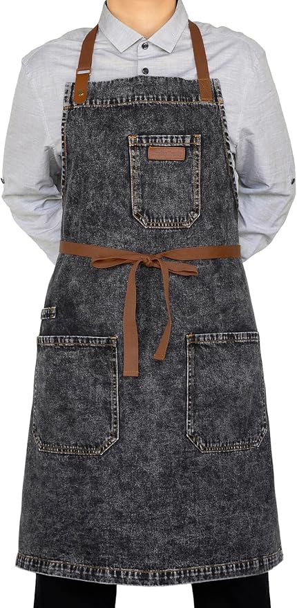 Denim Apron with Pockets, Mens Womens Professional Black Kitchen Bib Apron for Chef Cooking Grill BBQ, with Towel Loop and Adjustable Neck Straps