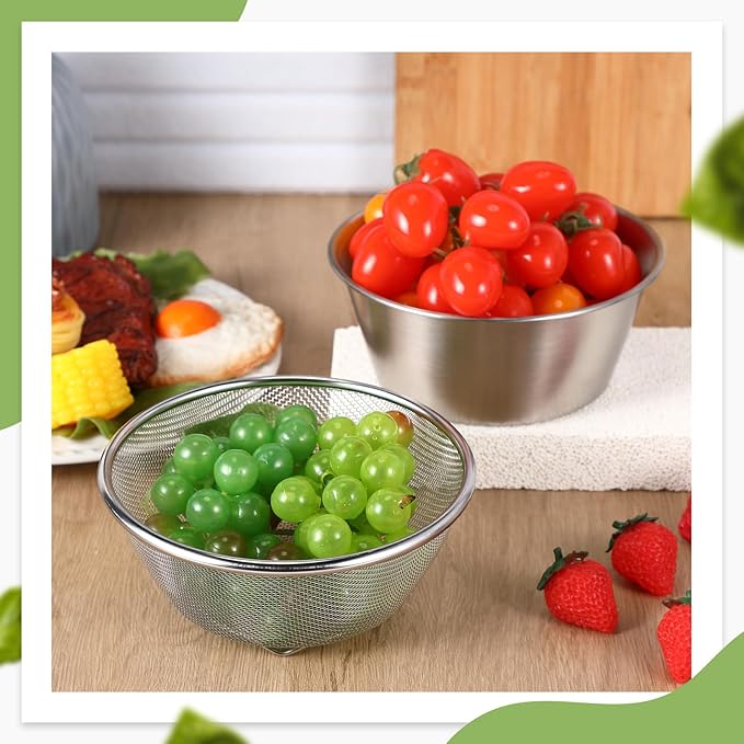 Baderke 2 Pcs Mini Colander & Food Strainer 304 Stainless Steel Small Mixing Colanders Bowl Rice Strainer for Kitchen Cooking Fruit Washing Vegetable(6.3 x 2.76 Inches,Silvery)
