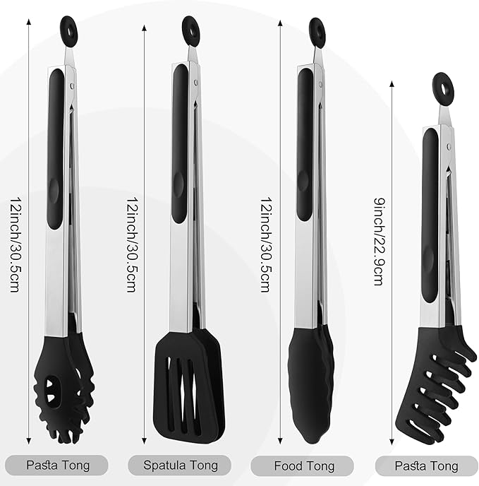 4 PCS Kitchen Tongs with Silicone Tips, 9 & 12-Inch Heat Resistant Silicone Tongs for Cooking Stainless Steel Spaghetti Tong Pasta Tong for Serving Food, Spaghetti, Pasta, BBQ, Salad (4PCS)