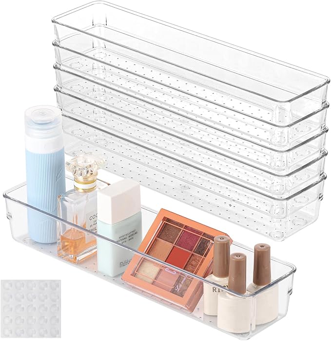Ohlove 6 Pcs Large Clear Plastic Drawer Organizers Tray 12"x3" Storage Bins with 25 Pcs Non-Slip Pads for Makeup, Jewelries, Kitchen Utensils, Bathroom and Office