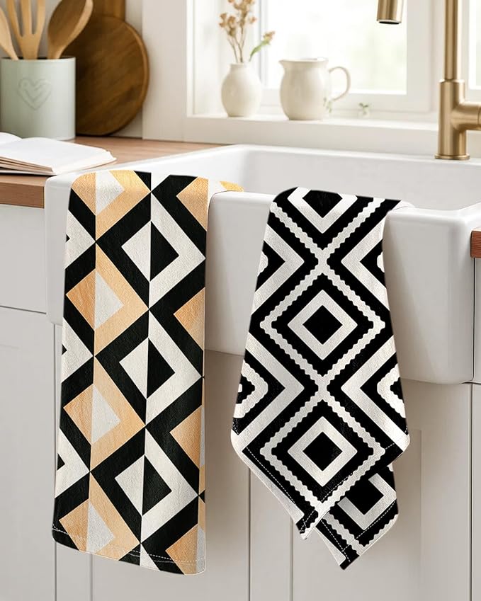 Miss Adola 2pcs Flour Sack Kitchen Towels - 18"x 26" Cotton Kitchen Hand Towels with Hanging Loop Reusable Geometric Beige and Black Modern Tea Towel Absorbent Dishcloths Home Decor, Modern Geometric
