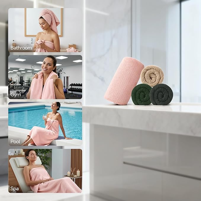REDKISS Soft Bath Towels Set of 4-35 x 70 in Extra Large Coral Fleece Bath Towel, Highly Absorbent Plush Bathroom Towels for Adult, Quick Dry Towel Set for Spa, Gym, Travel, Pink, Camel, Olive, Gray