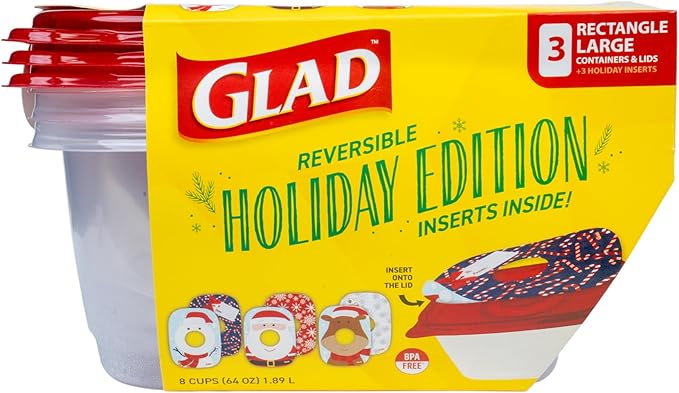 Glad GladWare Holiday Food Storage Containers with Reversible Gift Tags, Large Rectangle BPA Free Plastic for Holiday Cookies and Gifting, Microwave Freezer Dishwasher Safe, 64 Oz, 3 Count