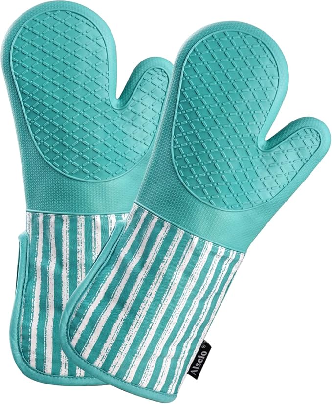 Alselo Silicone Oven Mitts Heat Resistant 932℉ with Waterproof & Non-Slip Kitchen Mittens, Set of 2 Extra Long Oven Gloves with Soft Cotton Terry Lining for Baking Cooking Barbecue