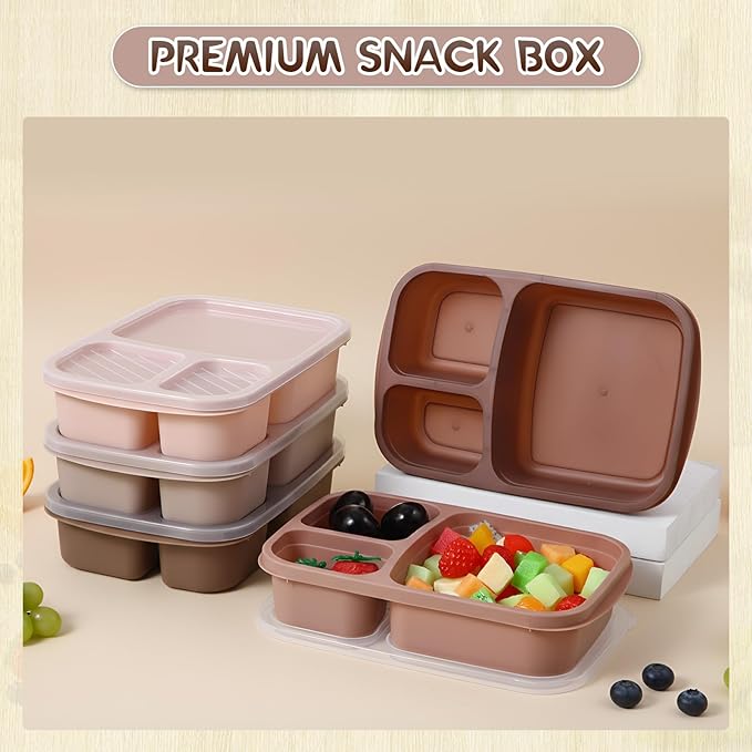 Honeydak 5 Pack Snack Containers 3 Compartment Bento Snack Boxes Divided Meal Prep Containers with Lids Reusable Adults Lunch Food Storage Box for School Work Travel(Brown)