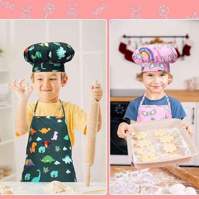 Kids Cooking and Baking Chef Set, 2 Pcs Apron (Pink Green) Chef Hat Accessories Complete Cooking Set, Dress Up Pretend Play Career Role Play Costume Toys Thanksgiving for Boys Girls