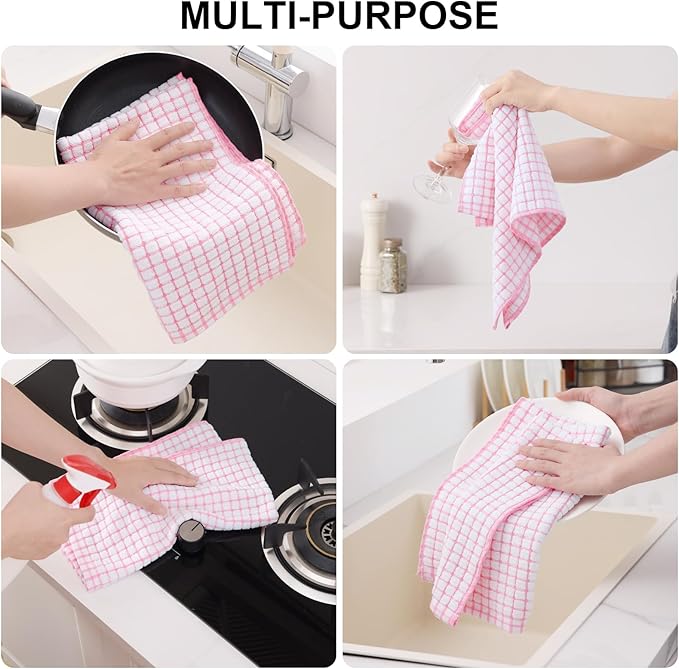 Kitinjoy Cotton 12 Pack Kitchen Towels and Dishcloths Sets, 16 x 25 Inch & 12 X 12 Inch Dish Towels Bulk, Super Soft and Absorbent Hand Towels for Kitchen Drying, Pink