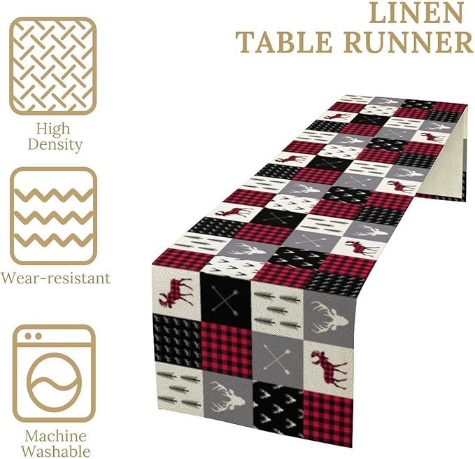 Bear Deer Table Runner, Vintage Rustic Farmhouse Cabin Animal Buffalo Plaid Art Printed Runner for Home Kitchen Dining Table Living Room Decor Fabric 1 Panel W13xL60in