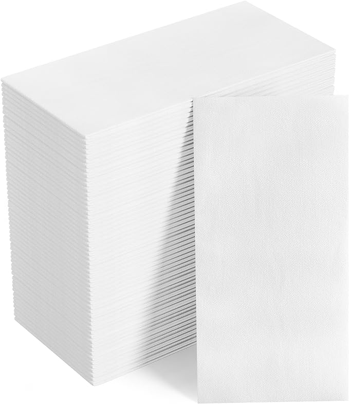 FOCUSLINE 100 Disposable Bathroom Napkins, Linen-Feel Paper Guest Towels, Soft and Absorbent Paper Hand Towels Party Napkins for Bathroom, Kitchen, Dinner, or Event, White, 12" x 17"