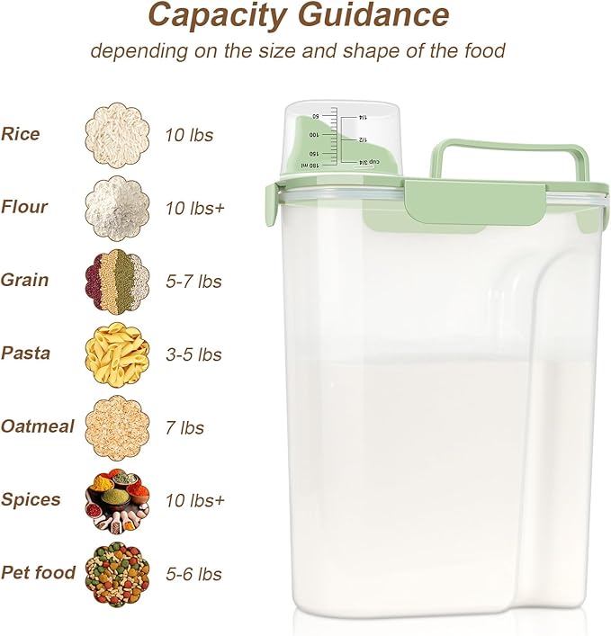 LEAWALK Airtight 10LBS/ Rice/Cereal/Dry Food Storage Container BPA Free, 5.28Qt Clear Plastic Kitchen and Pantry Organization Bin Suitable for Oats, Flour, Sugar, Pasta, Pet Food, etc (Fruit Green