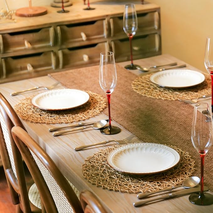AHHFSMEI Paper Braided Round Placemats Set of 12 Natural Non-Slip Heat Resistant Table Mats for Dining Tables Woven Indoor & Outdoor Place mats(Brown,12)