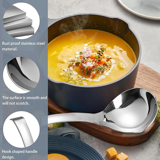 2Pcs Soup Ladle, Stainless Steel 304 Spoons With Pour Spout, Large Cooking Utensils for Serving Metal Ladle Gravy Punch Ladle
