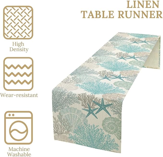 Nautical Coastal Table Runners Ocean Beach Coral Table Runners for Dining Room Starfish Blue Teal Dinner Runner Kitchen Indoor Outdoor Patio Party Decor Fabric 1 Panel W13xL108in
