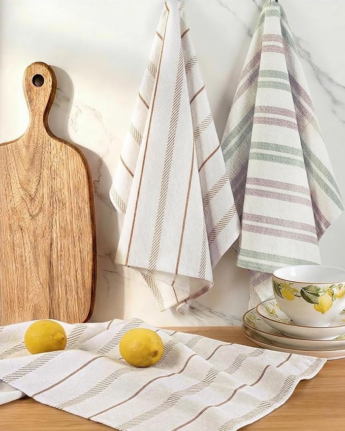 Miss Adola Neutral Flour Sack Kitchen Towels - 3 Pack 18"x 26" Cotton Farmhouse Fast Drying Decorative Hand Tea Towel Dishcloth with Hanging Loop for Home Decor Housewarming Gift, Striped