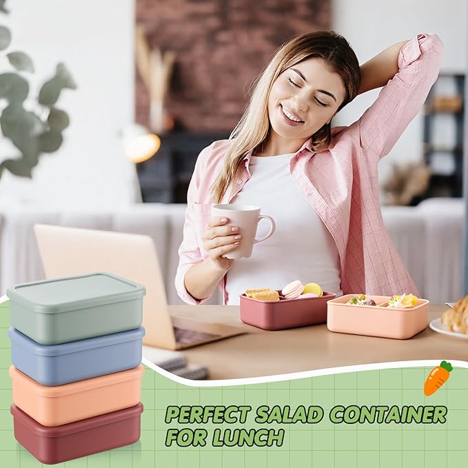 Layhit 4 Pcs Silicone Bento Box for Adults, 27 oz Bento Lunch Container Reusable 2 Compartment Lunchable Food Container for Women Men, Leak Proof Microwave Dishwasher Freezer Safe (Dark Colors)