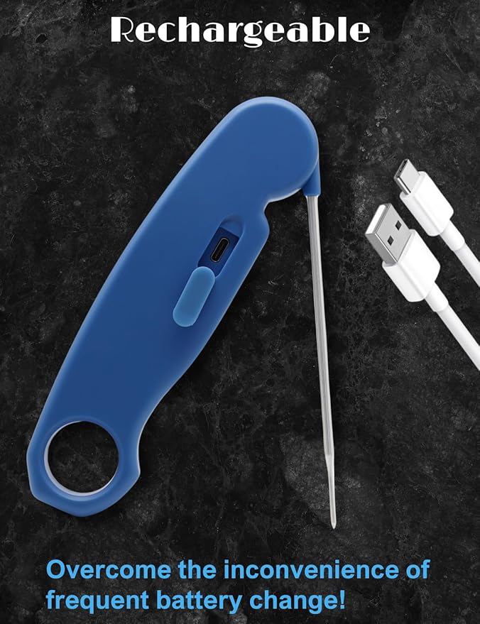 Digital Meat Thermometer Rechargeable,Waterproof Kitchen Cooking Thermometer Probe,2-3S Instant Read for Steak Grill Water Milk Bread Airfryer BBQ Baking Oil Deep Fry Smoker (Blue)