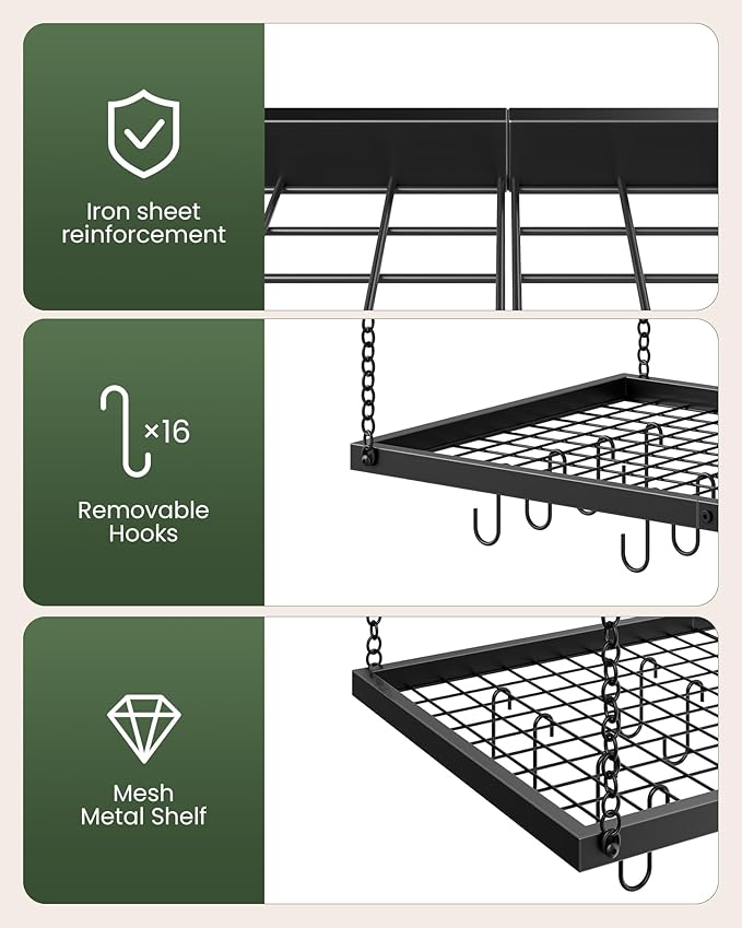 CHOEZON Hanging Pot Rack, Ceiling Mounted Pot Hanger for Kitchen, Metal Cookware Storage Organizer with 12 Hooks, for Storage of Cookware, Utensils in Kitchen, Black TPR31BB