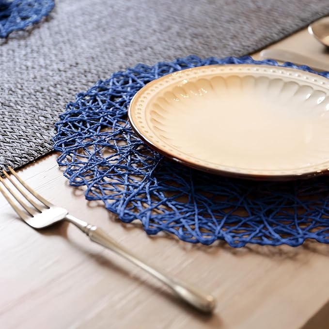 AHHFSMEI Paper Braided Round Placemats Set of 8 Natural Non-Slip Heat Resistant Table Mats for Dining Tables Farmhouse Woven Indoor Outdoor Place mats (Blue,8)