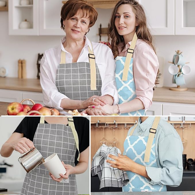 2 Pieces Aprons for Women with Pockets, Cotton Linen Waterproof Kitchen Cooking Aprons, Chef Apronfor Men Women with Adjustable Neck Strap and Long Ties(Grey/Blue)