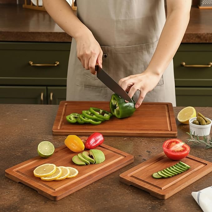 Bamboo Cutting Board Set of 3, Wood Cutting Boards for Kitchen with Juice Grooves, Durable Chopping Board for Meat, Vegetables & Meal Prep
