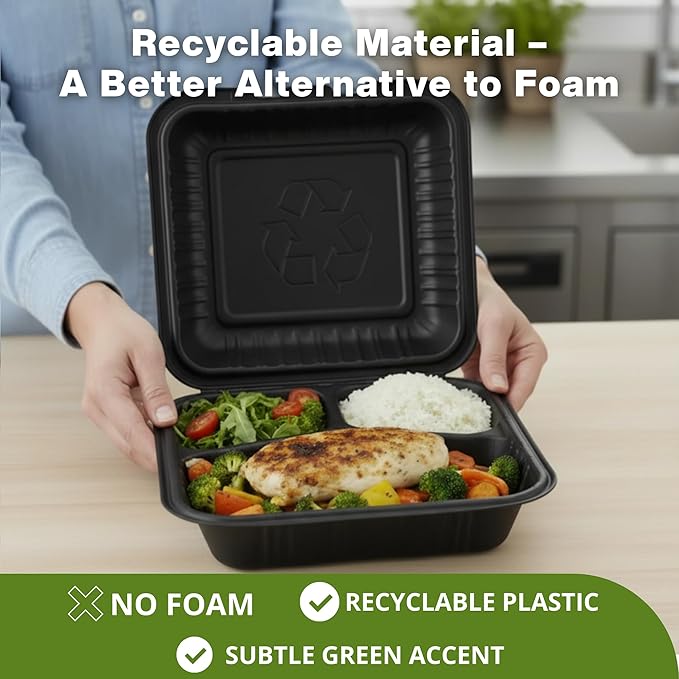 9x9 3-Compartment Hinged Vented Food Containers, 50 Pack – Clamshell Takeout Containers, Meal Prep Food Storage, 3 Compartment Food Containers, To Go Boxes & Cake Slice Box - Black