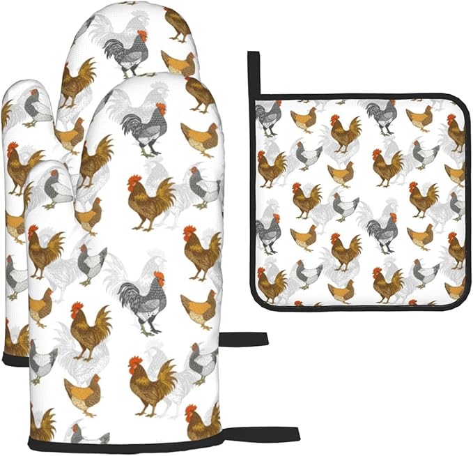 Roosters Chichen Oven Mitts Heat Resistant, Rustic Farmhouse Pot Holders and Oven Gloves Set for Kitchen Decor, Baking Gloves Hot Pads for Cooking Grilling BBQ Sets, Chicken Gifts for Women