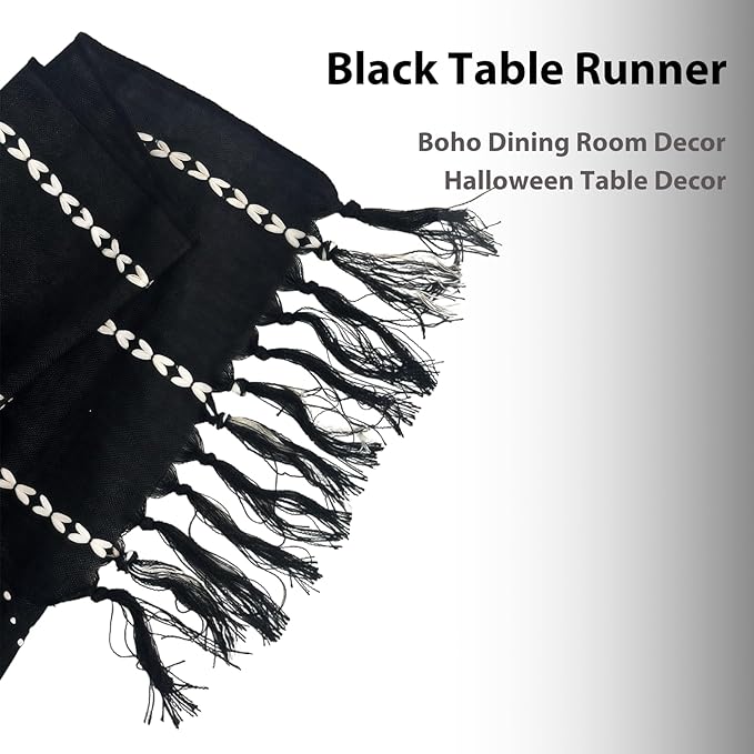 Niviy Black Table Runner 72 Inches Long, Black Christmas Decor Embroidered Striped Braided Boho Table Runner for Holiday Home Party Indoor Outdoor 12 x 72 Inch