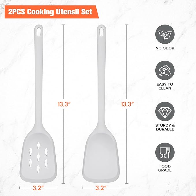 Silicone Cooking Spatula&Slotted Spatulas, Pack of 2,Solid Turner Kitchen Utensils Set for Cooking,Frying, Baking, Flipping, Turning,Heat Resistant 450℉ (GRAY)