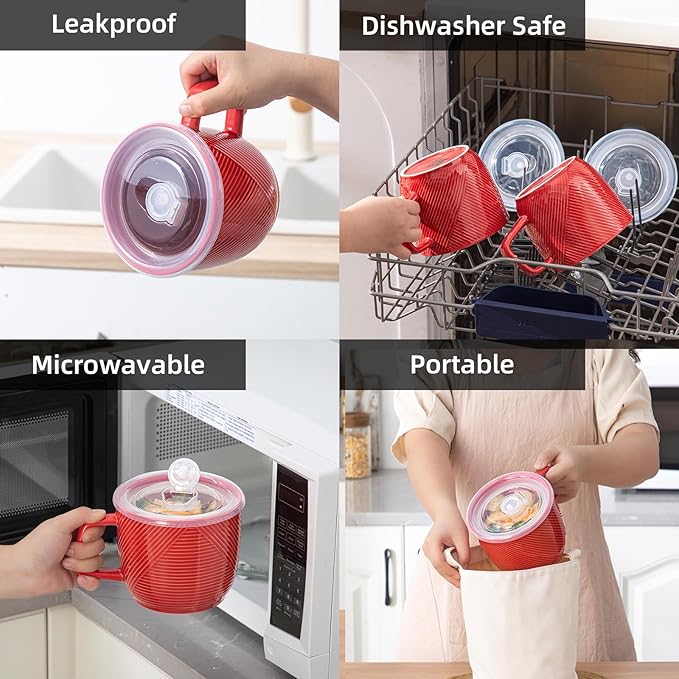 Ceramic Soup Bowl with Lid & Handle: 32 oz Microwave Safe Food Container for Ramen Noodles Cereal Leftovers - Extra Large Mugs for Breakfast Lunch Picnic Camping - Red, Set of 1